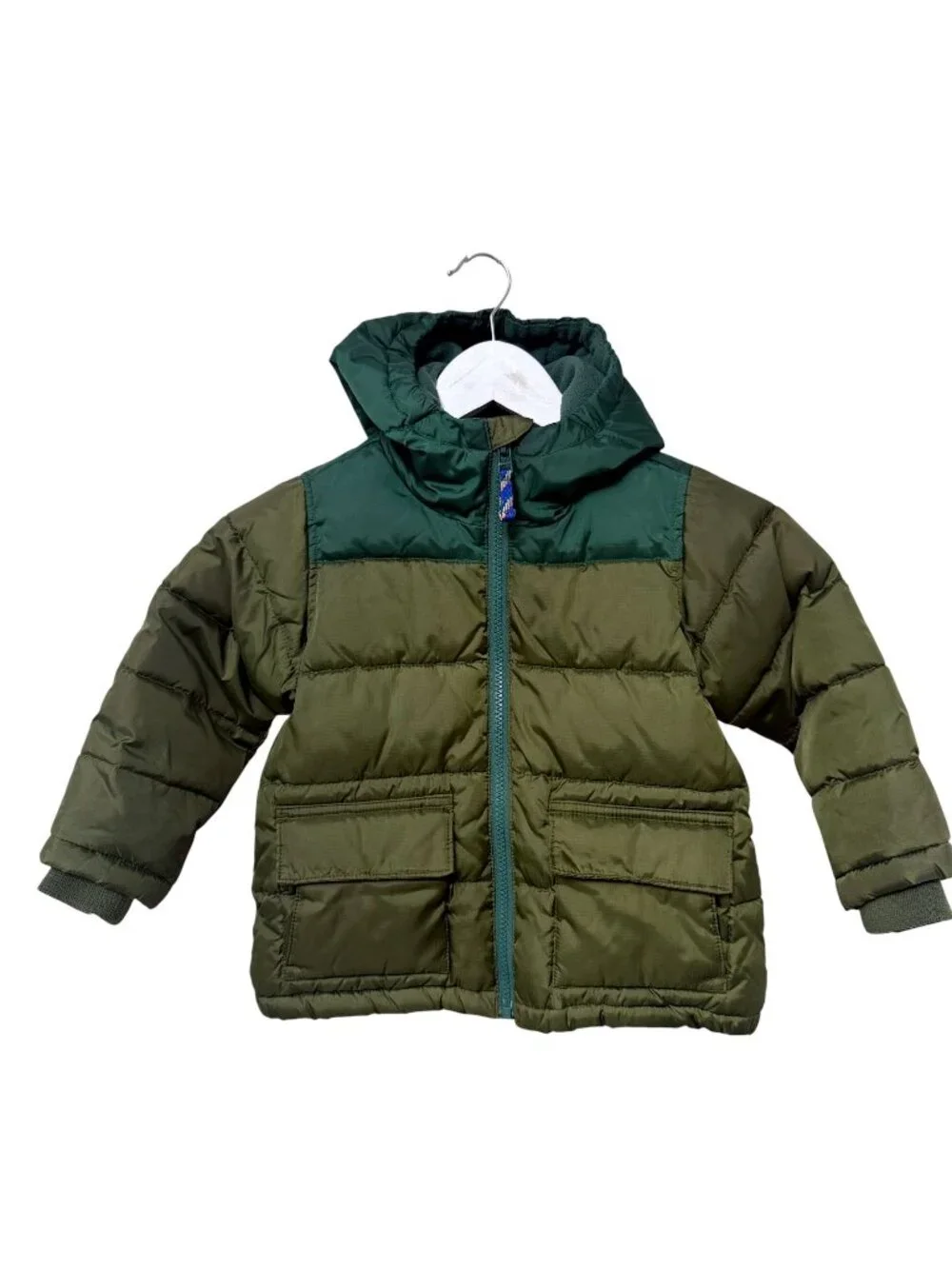 J. CREW Toddler Boys Puffer Jacket XXS (2) Kids Olive Green PrimaLoft Hooded